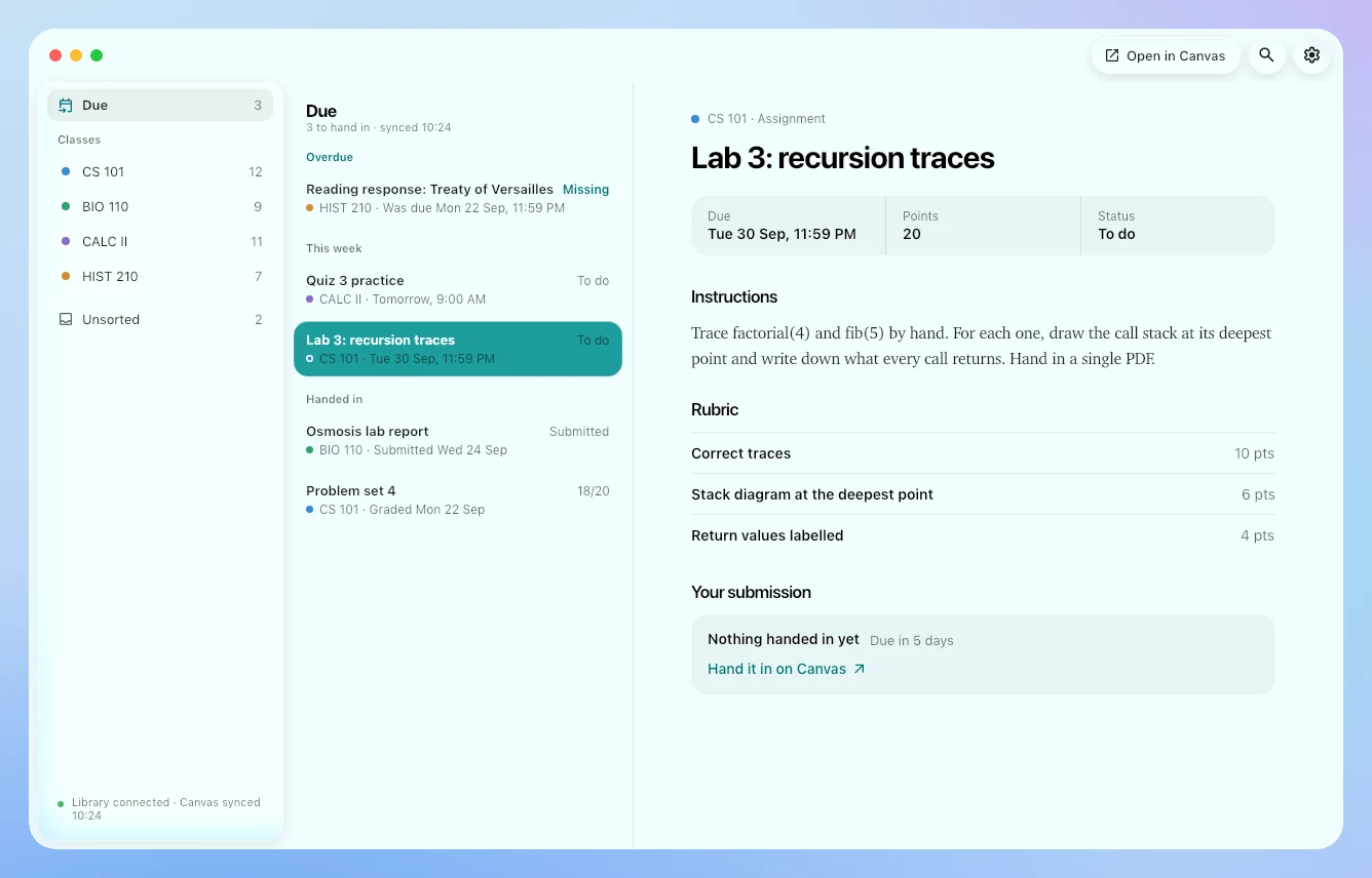 Canvas in Study Stash: what's due across classes (overdue, this week, handed in), and 'Lab 3: recursion traces' open with its due date, points, instructions, rubric and submission.
