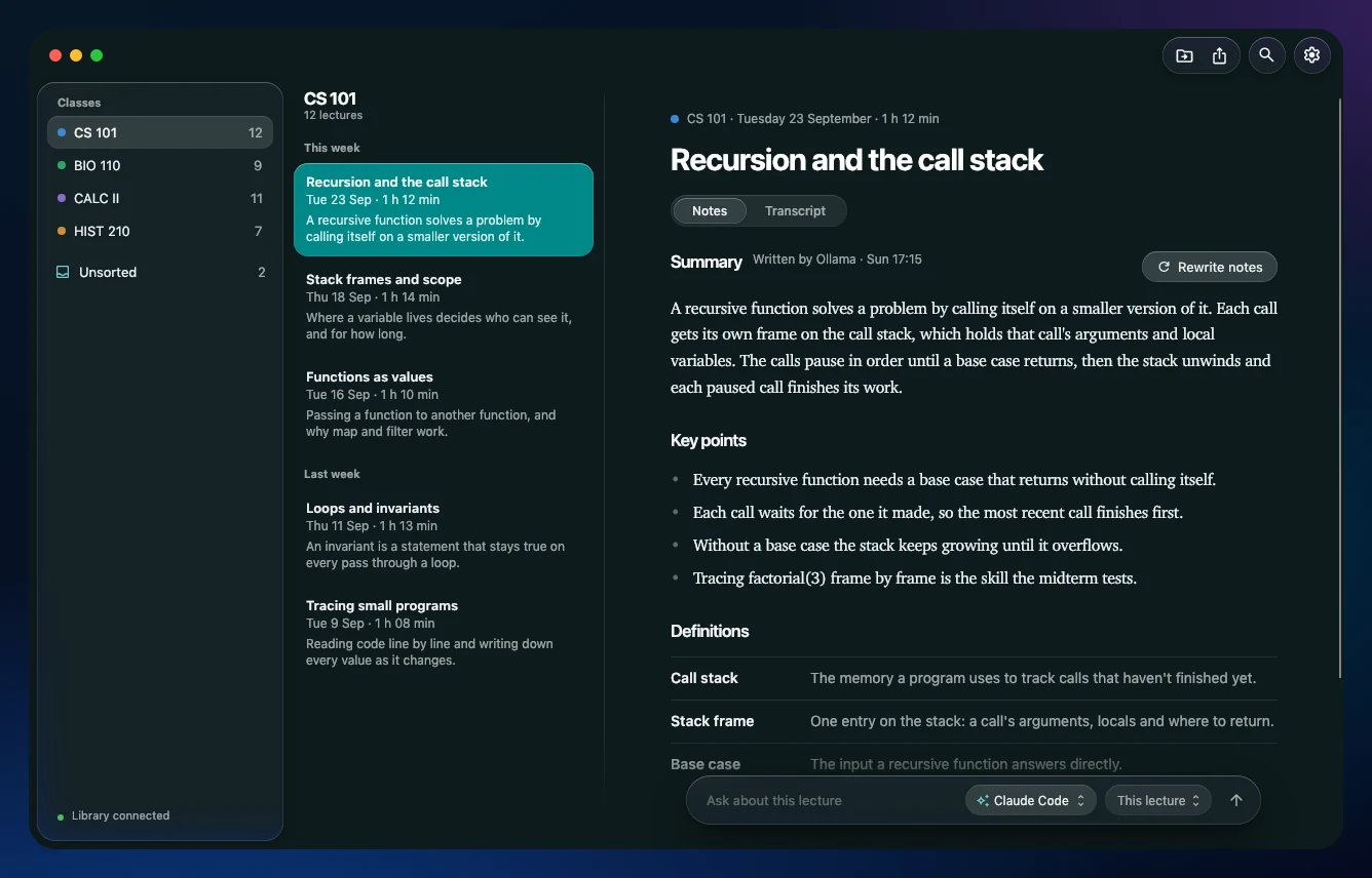 The Study Stash library window: classes down the side, CS 101's lectures by week, and the notes for 'Recursion and the call stack' with a summary, key points, definitions and an Ask bar.