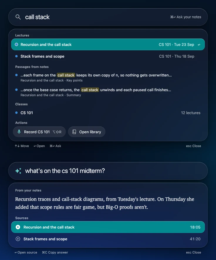 The quick panel searching 'call stack': matching lectures, highlighted passages from notes and the class; below it, an answer to 'what's on the cs 101 midterm?' with its sources.